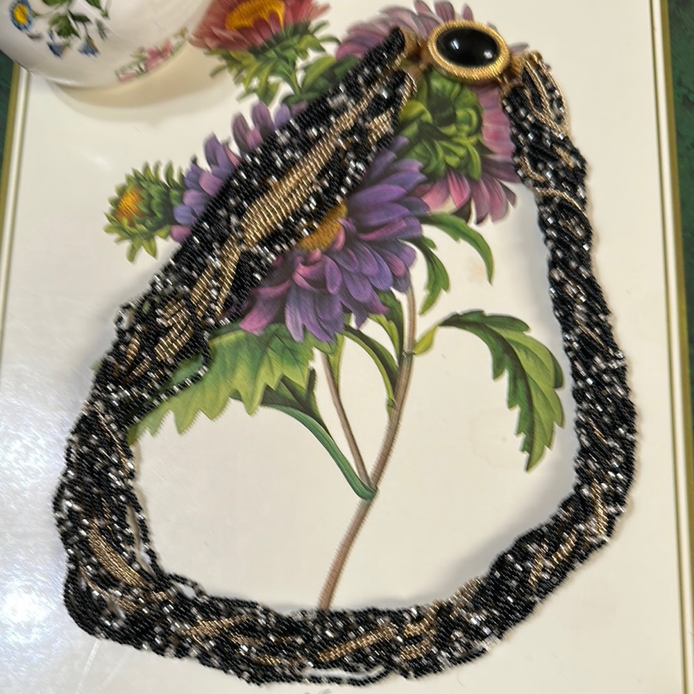 Black bead, Gold chain, clear bead Necklace
